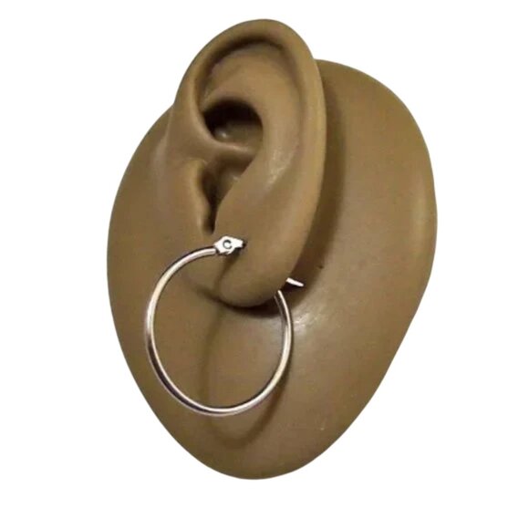 1 Inch 25mm Thin Hoop Pierced Post Earrings Silver Tone - Picture 2 of 5